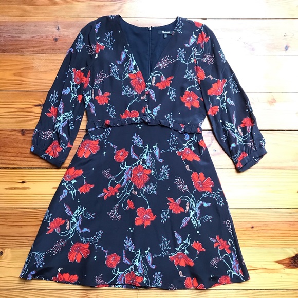 Madewell Black Red Silk Floral V-Neck Dress, EUC, 4 - Picture 3 of 16